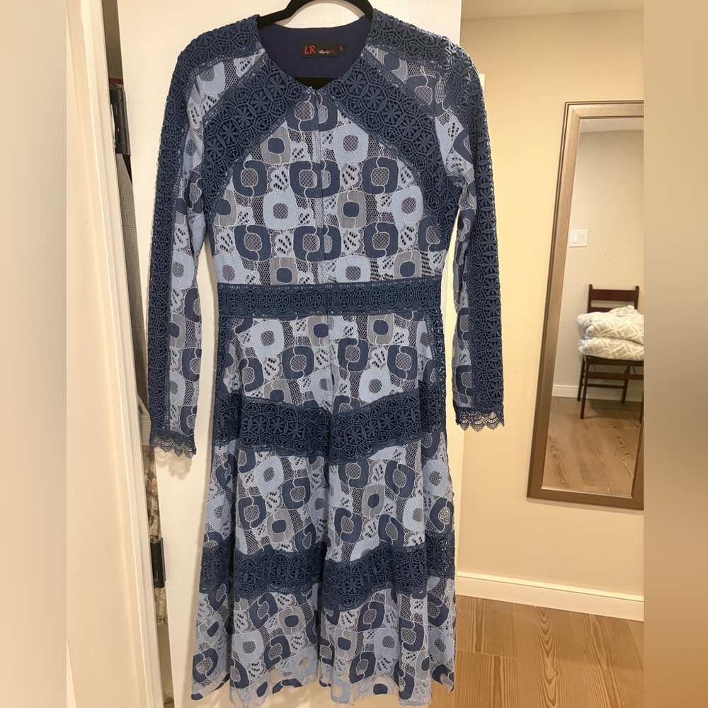 Legally Red Long Sleeve Blue Lace Trim Midi Dress